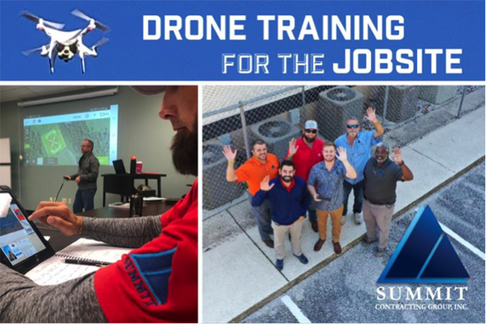 Class in session and group photo of Drone Training for the Jobsite at Summit Construction Group