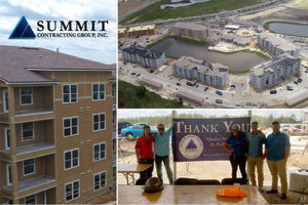 Construction site and employee group photo for San Mateo Crossing Multifamily Development by Summit Construction Group