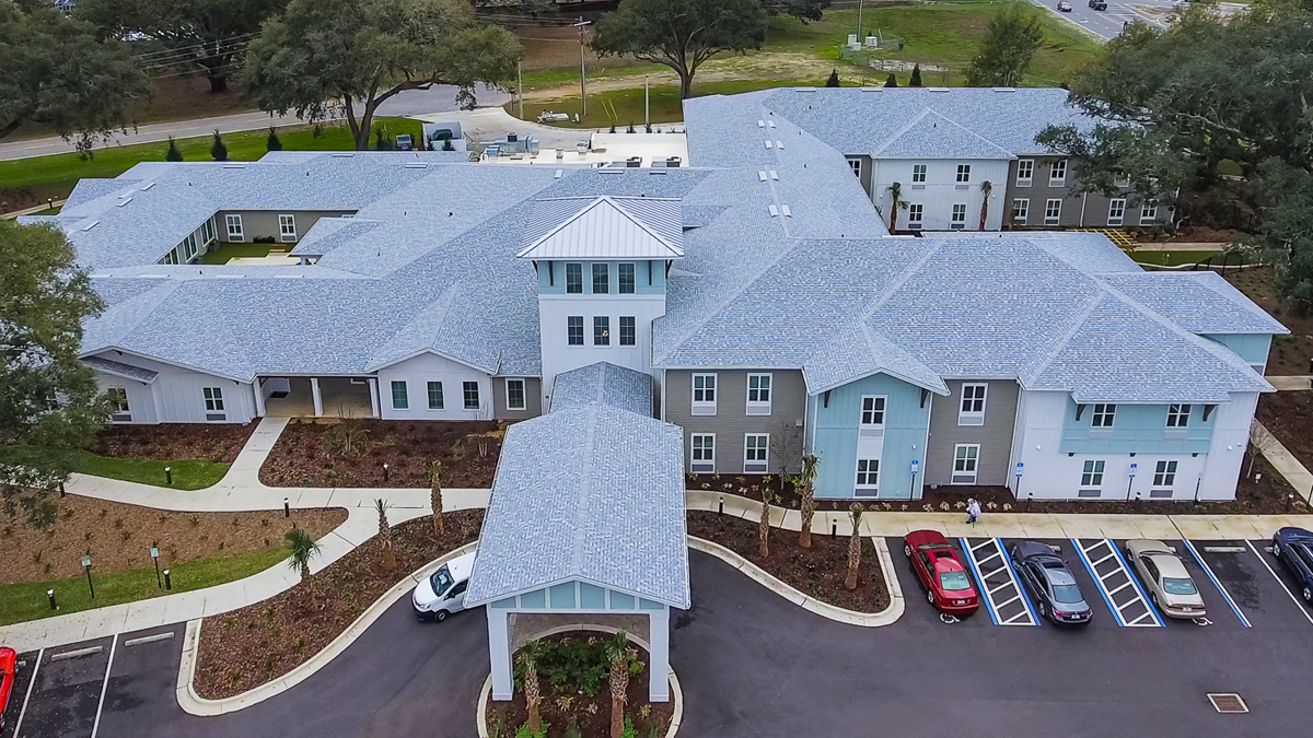 front aerial view of The Canopy on Berryhill assisted living apartments