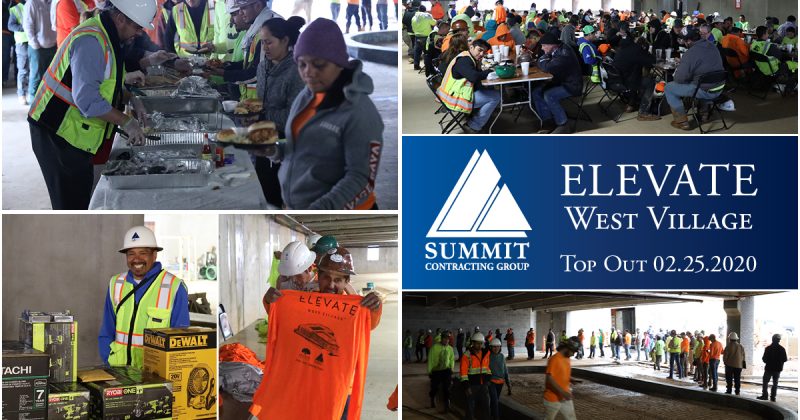 Collage of construction crews working and eating at Elevate West Village Top Out