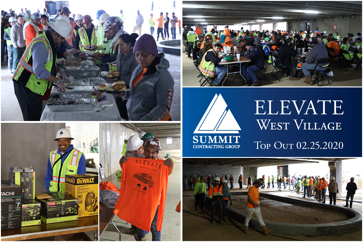 Collage of construction crews working and eating at Elevate West Village Top Out