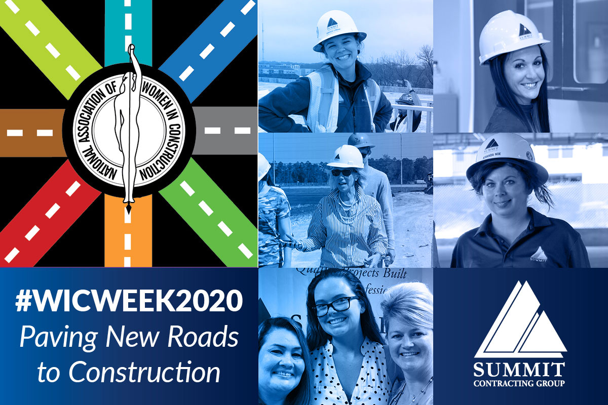 Photo collage of women in construction with logos for Summit and National Association of Women in Construction, "Paving New Roads to Construction"