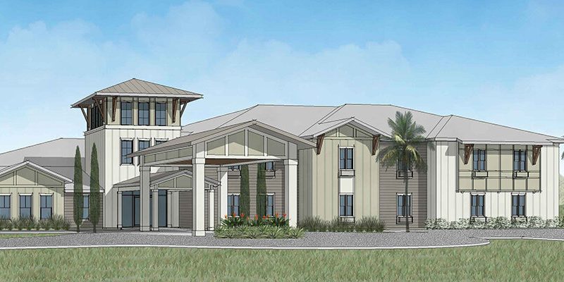 Rendering of assisted living facility The Canopy at Walden Woods with palm trees