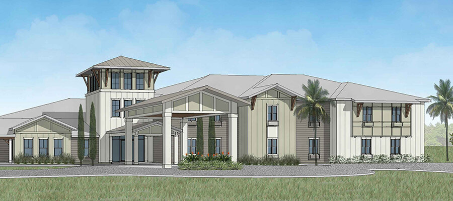 Rendering of assisted living facility The Canopy at Walden Woods with palm trees