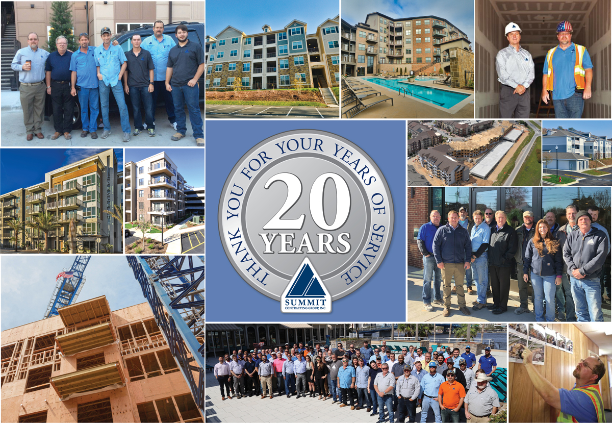 Collage photo of Summit logo and apartment buildings and groups of people