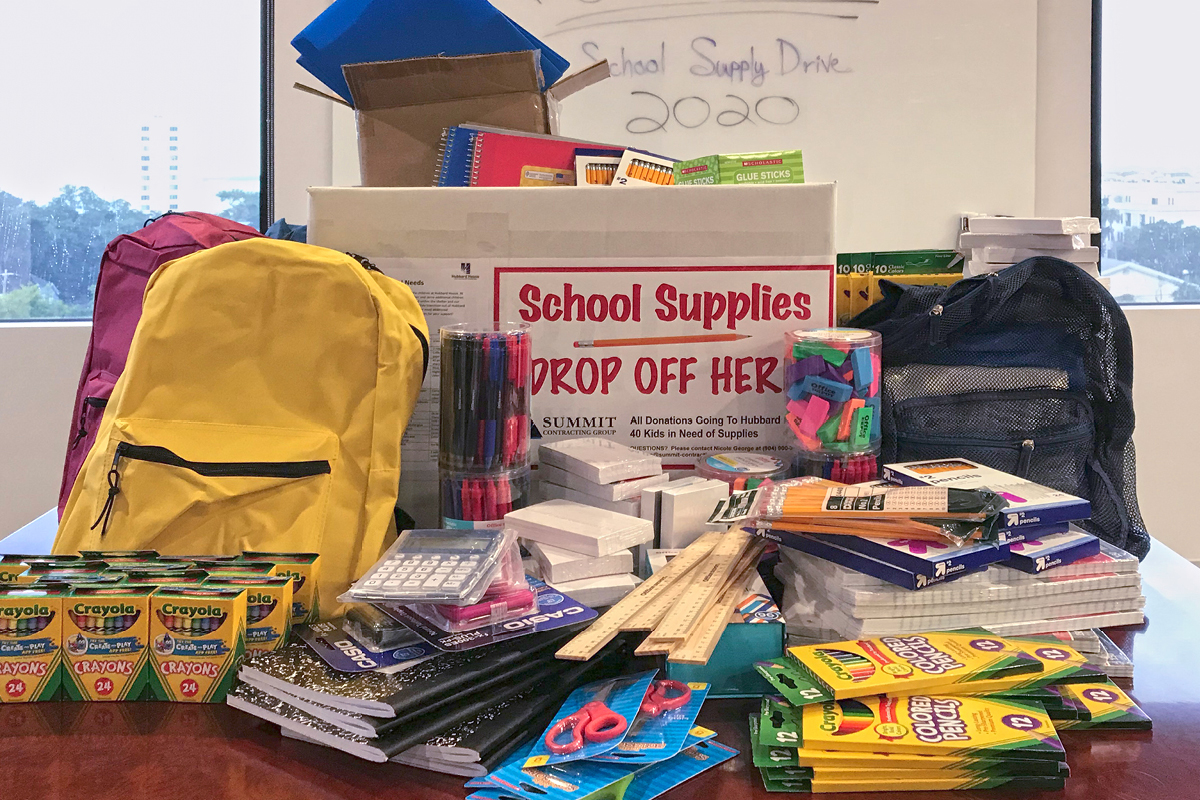 school supplies collected by Summit Contracting Group employees