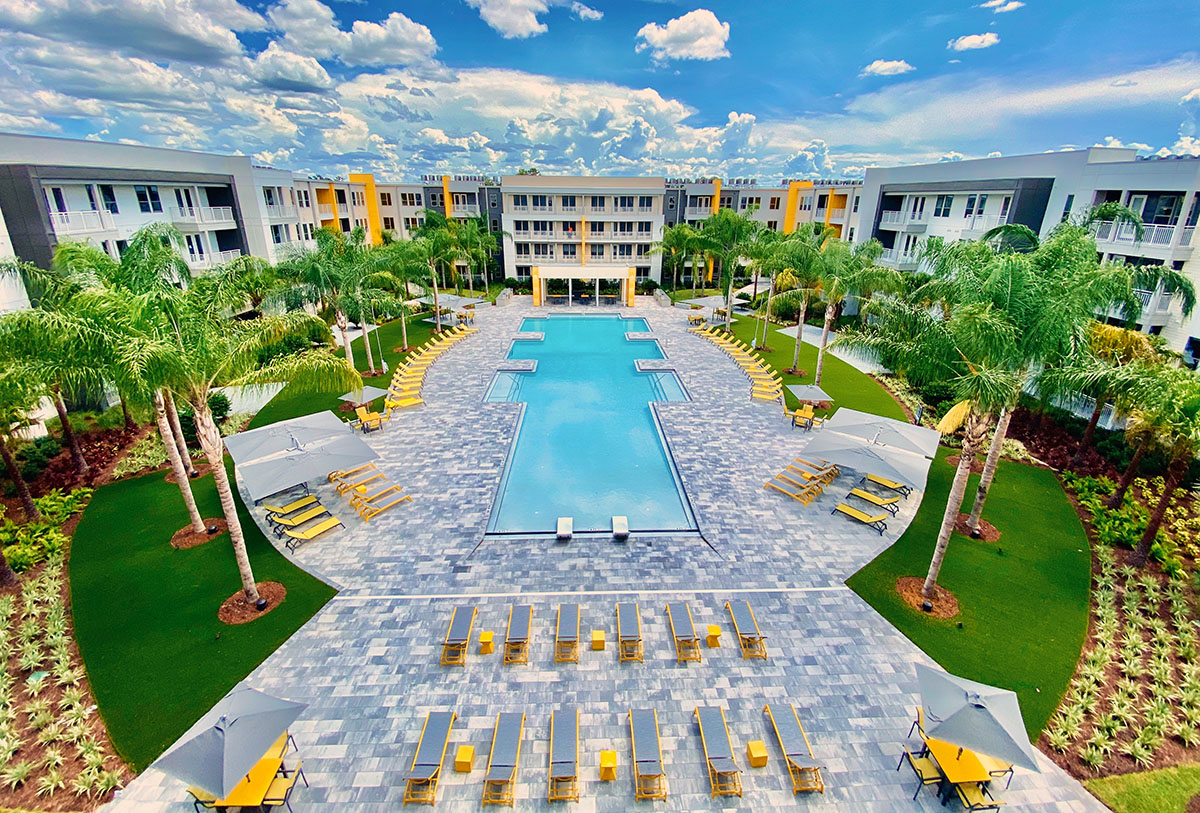 aerial view of apartment pool courtyard
