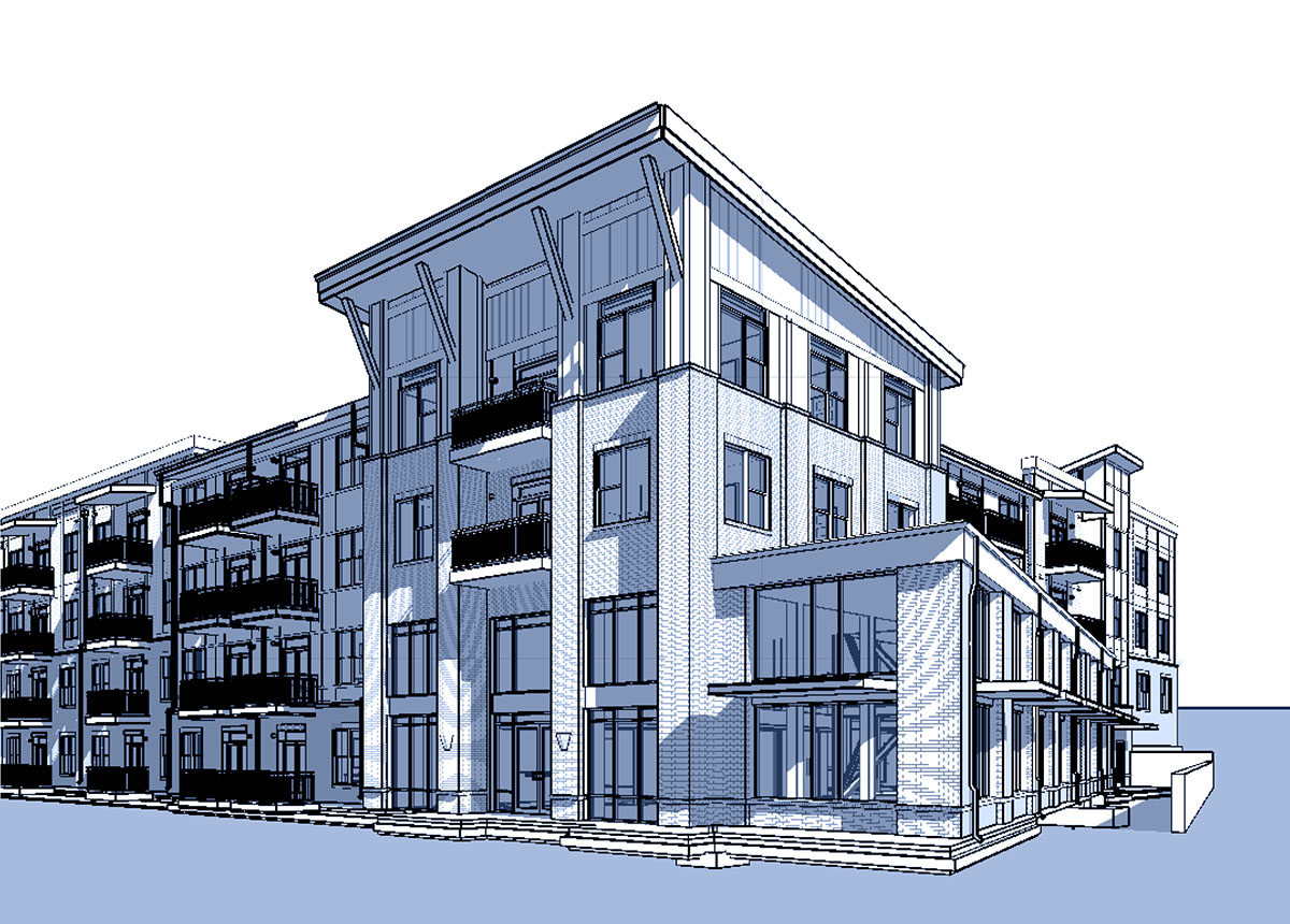 perspective rendering of front of Berry Hill Apartments