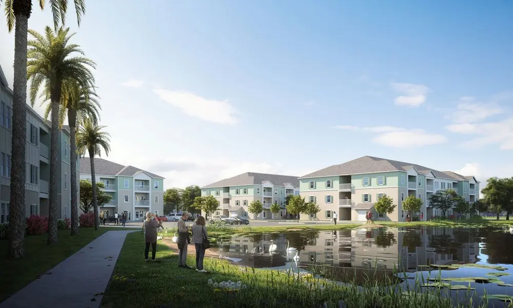 architect's rendering of apartment community with a lake path and 3-story buildings