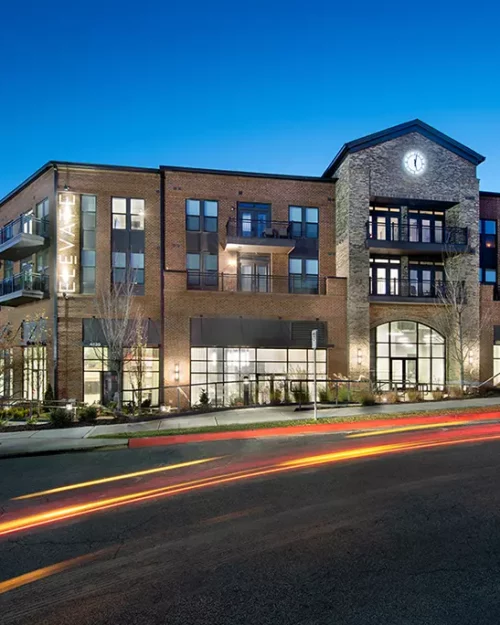 apartment building entrance at night