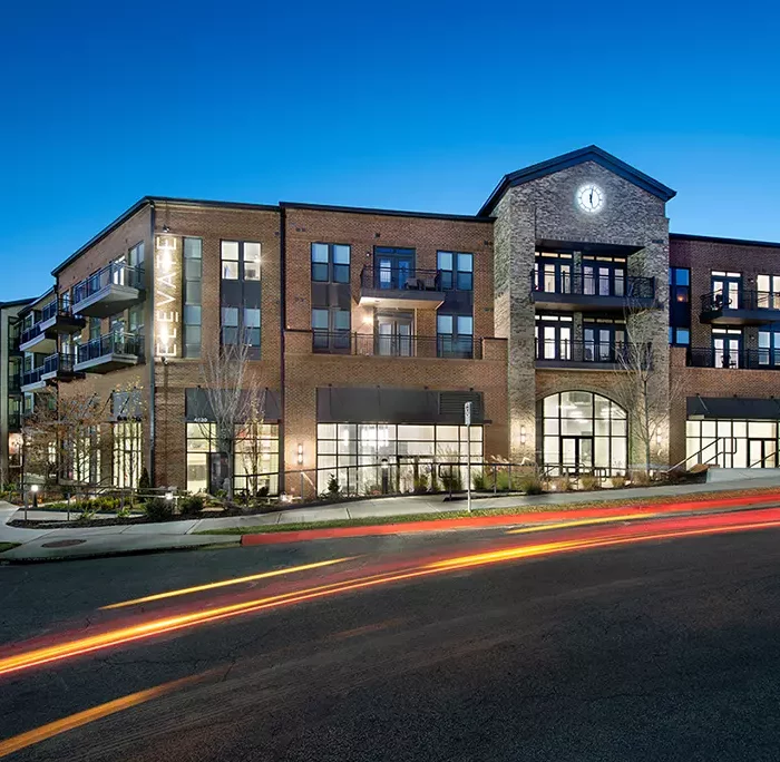 apartment building entrance at night