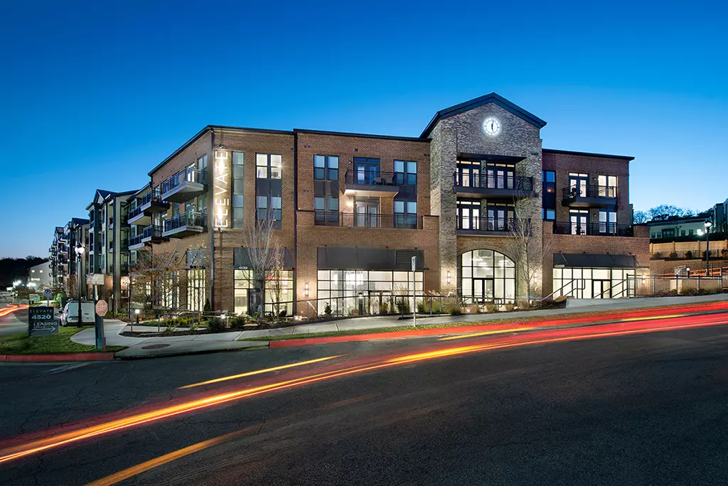 apartment building entrance at night