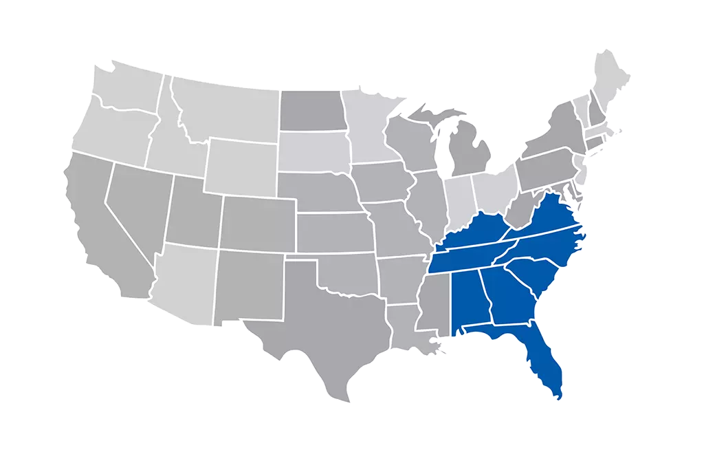 map of states showing Summit's working footprint in the Southeast US