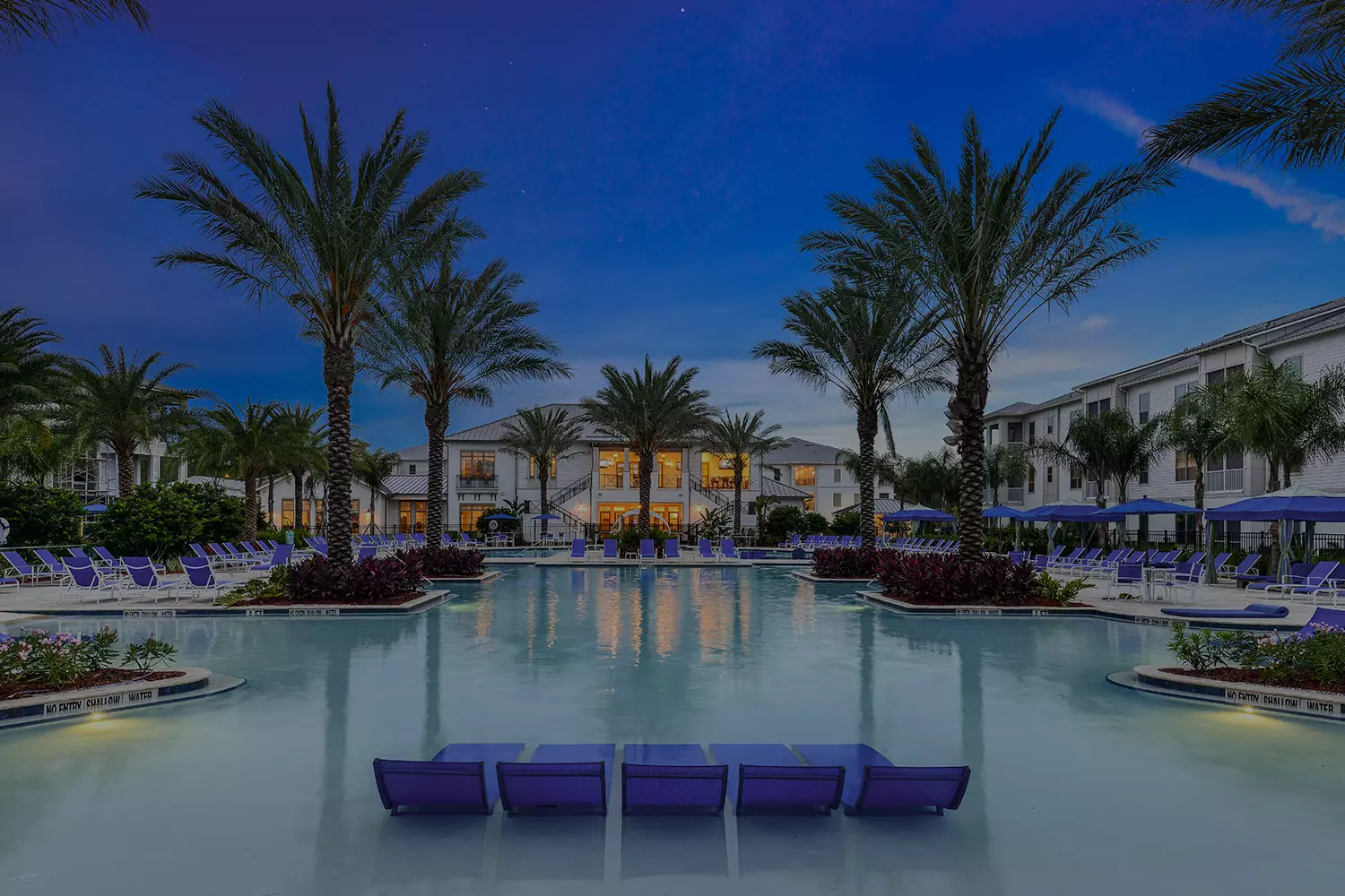 luxury pool at night with apartment buildings in the background