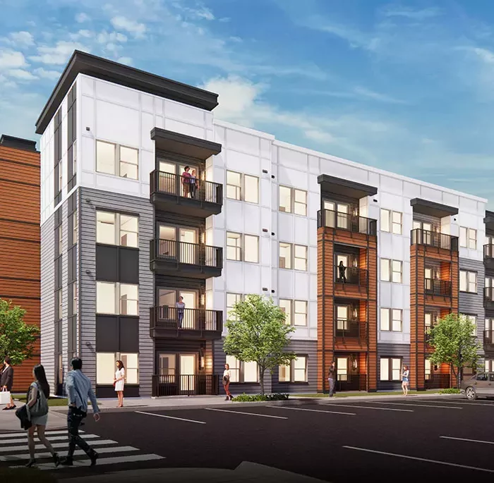 rendering of 4 story apartment building with flat roof and balconies