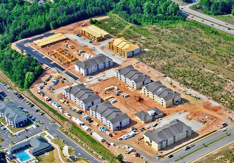 aerial view of Story Mundy Mill Apartments under construction