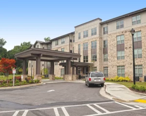 entrance to 4-story brick building