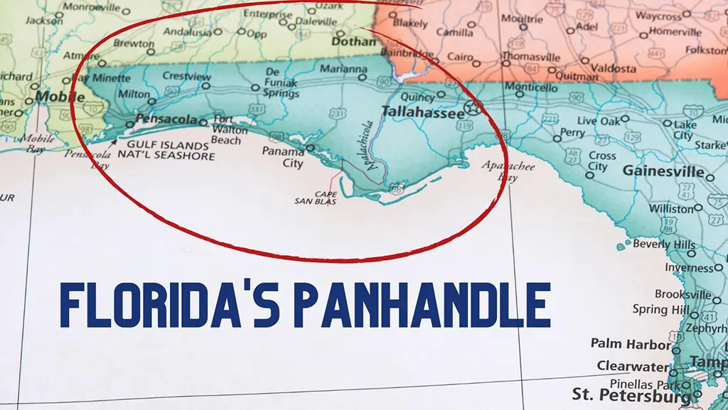 map of florida with the panhandle area circled