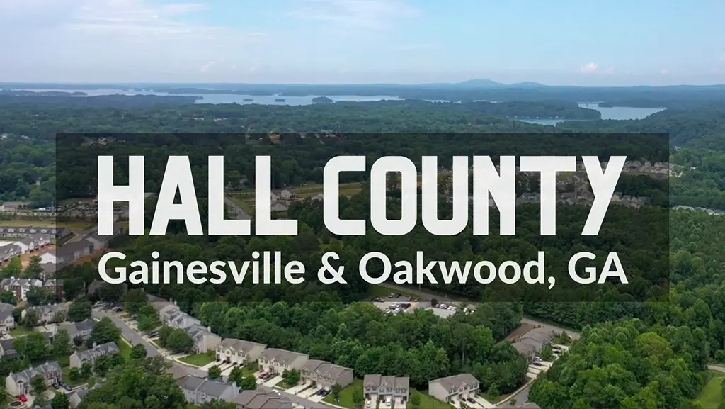 aerial view of Hall County Georgia with lakes and mountains on the horizon