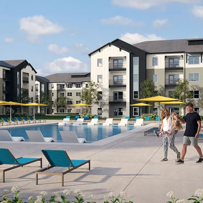 pool and 4 story apartment building