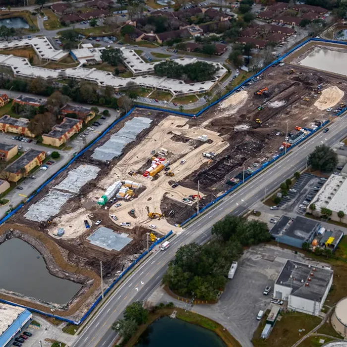 aerial view of construction site with concrete slabs