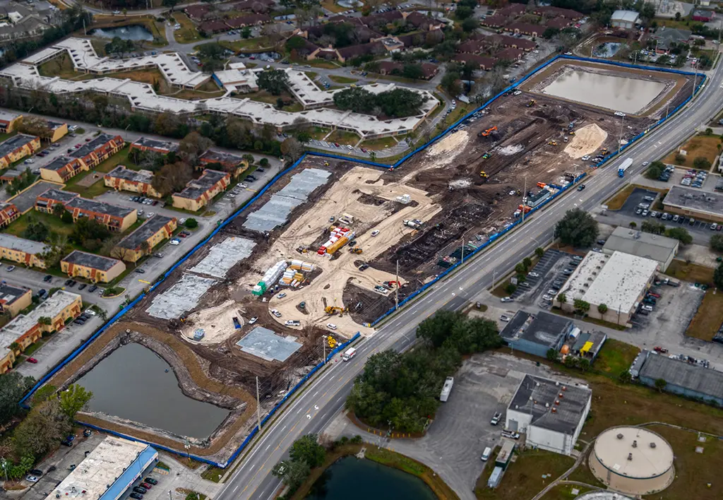 aerial view of construction site with concrete slabs