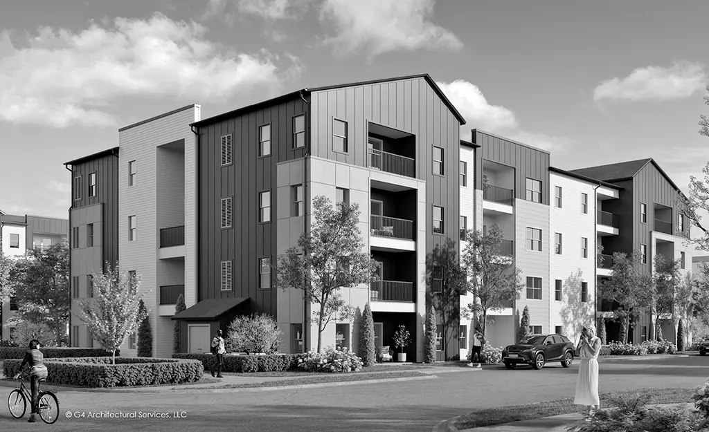 architect rendering of 4 story apartment building