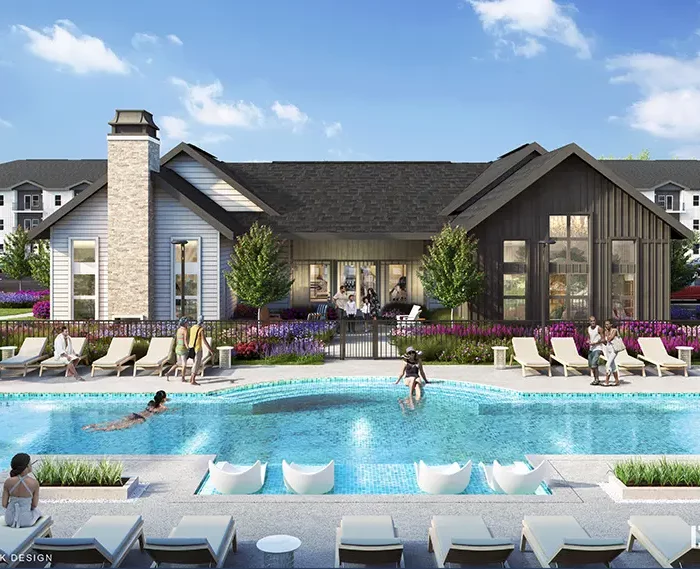 architect renderings of clubhouse and pool at apartment complex