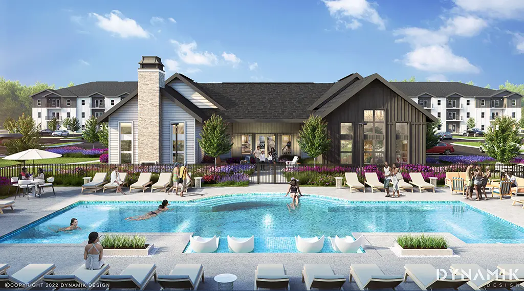architect renderings of clubhouse and pool at apartment complex