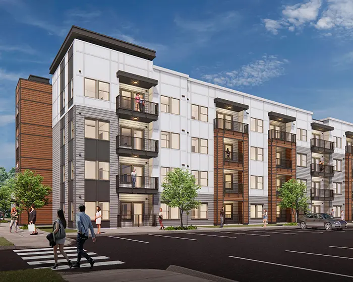 architect's rendering of 4-story apartment building
