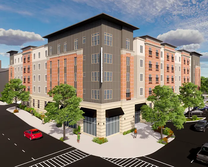 architect's rendering of 5-story apartment building