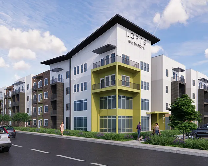 architect's rendering of 4-story apartment building