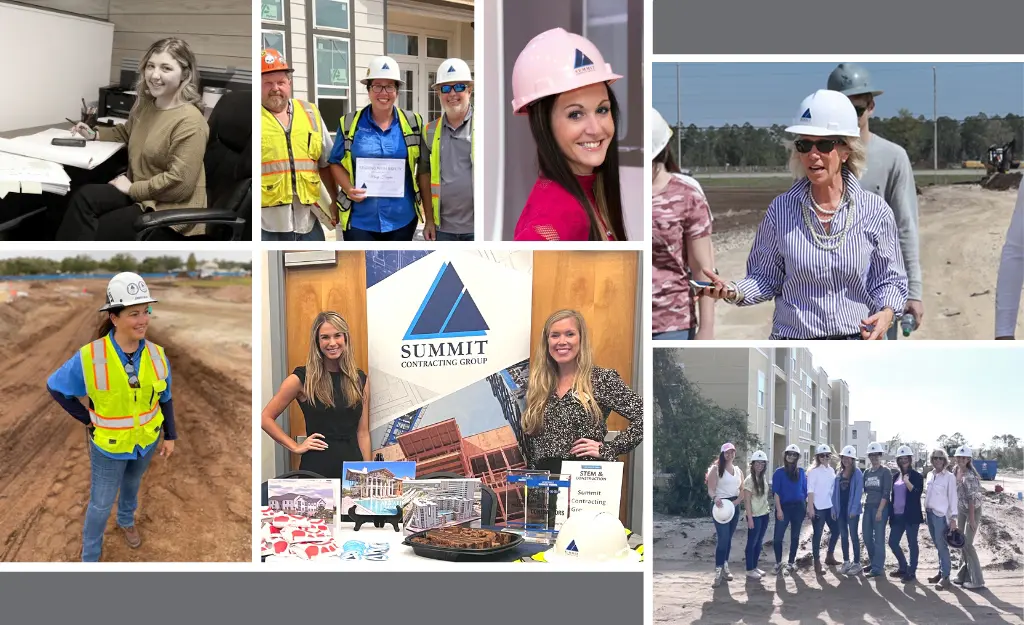 collage of photos of women in construction hard hats, job site