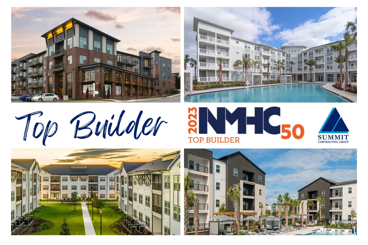 collage of apartment building photos and the NMHC Top Builder Logo