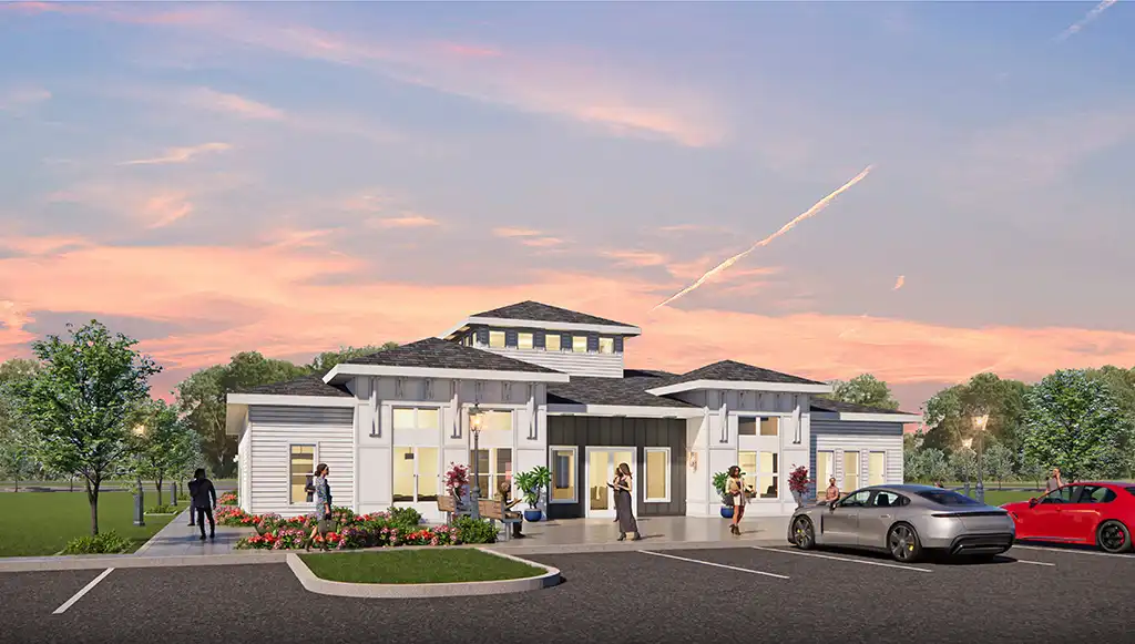 rendering of multifamily clubhouse with cars and people