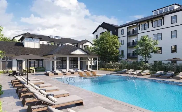 architects rendering of a swimming pool, sun deck, and clubhouse at an apartment development