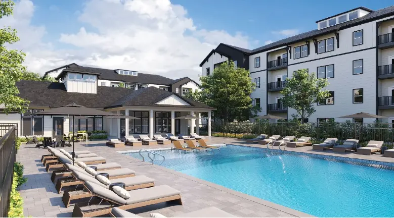 architects rendering of a swimming pool, sun deck, and clubhouse at an apartment development