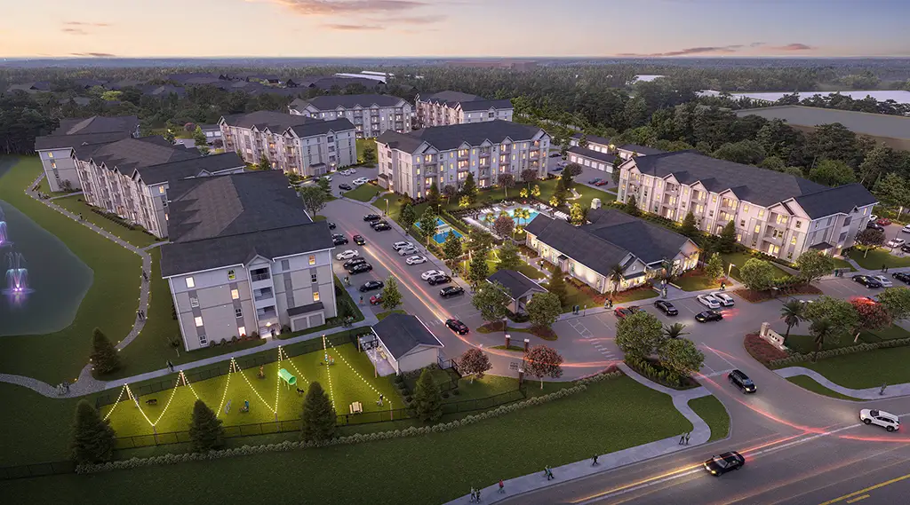 architect's rendering of aerial view of apartment development with 3 and 4 story buildings.