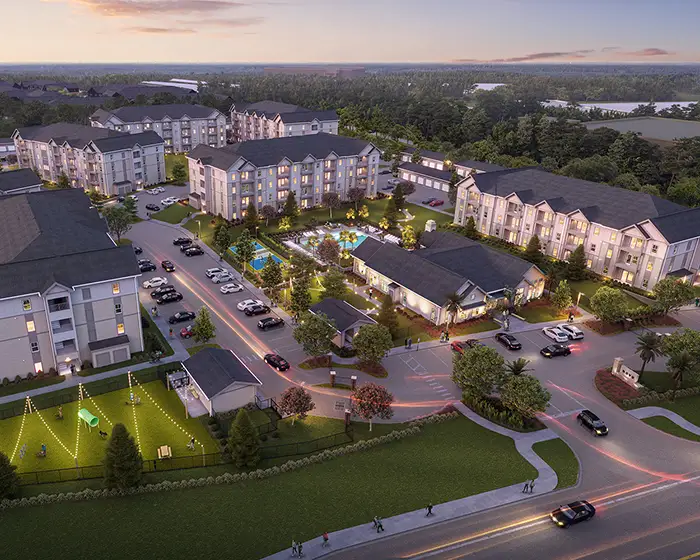 architect's rendering of aerial view of apartment development with 3 and 4 story buildings.