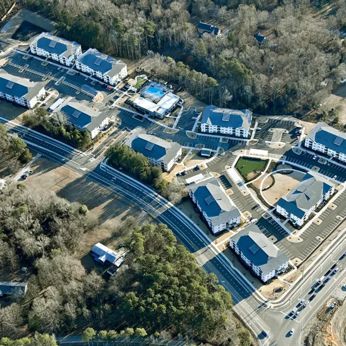 aerial photo of a garden style apartment community