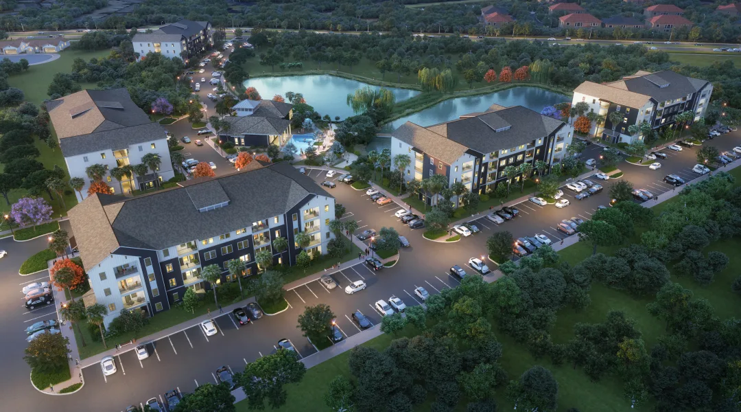 architect's rendering of an aerial view of an apartment development with 4-story buildings and a 1-story clubhouse with swimming pool