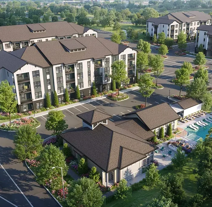 architects rendering of an aerial view of an apartment community with multiple buildings